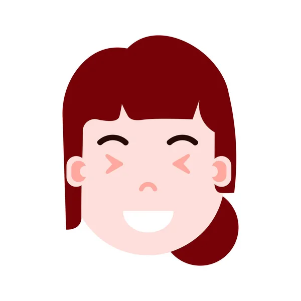 Menina cabeça emoji personagem ícone com emoções faciais, personagem avatar, cara satisfeita mulher com diferentes emoções femininas conceito. design plano . — Vetor de Stock