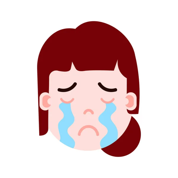 Ragazza testa emoji personaggio icona con emozioni facciali, personaggio avatar, donna volto piangendo con diverse emozioni femminili concetto. design piatto . — Vettoriale Stock