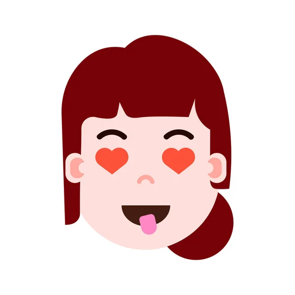 Dziewczyna głowa emoji ikony osobistość z twarzy emocje, avatar znaków, serce kobiety w oczach twarz z różnych emocji kobiece koncepcja. Płaska konstrukcja. — Wektor stockowy