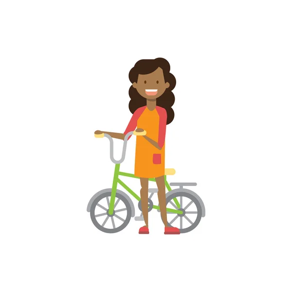 Молодая африканская девушка держит велосипед на белом фоне. мультяшный персонаж. плоский стиль в полный рост — стоковый вектор