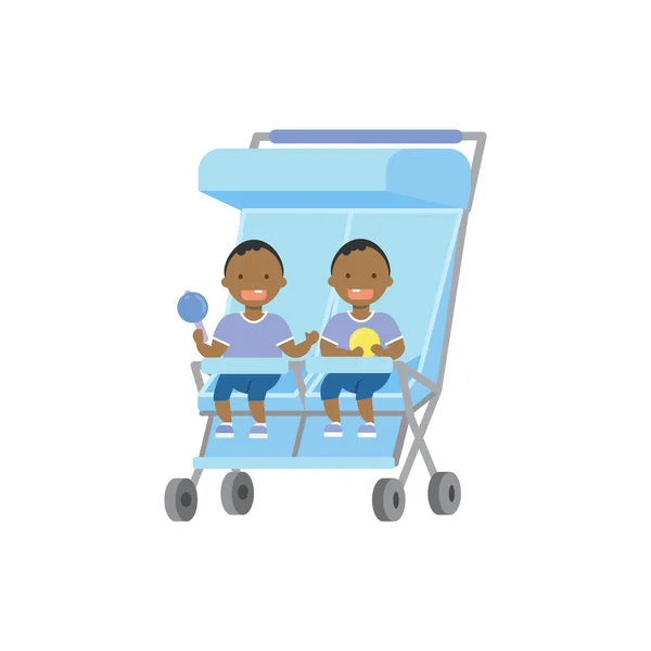 흰색 배경, 성공적인 가족 개념, 평면 만화 장난감 쌍둥이 더블 블루 유모차 전체 길이 아바타와 함께 아프리카 아기 — 스톡 벡터