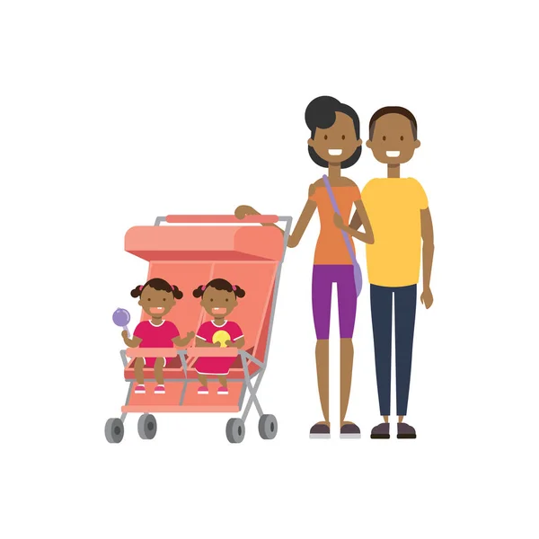 Africano pai mãe bebê gêmeos duplo rosa carrinho avatar comprimento total no fundo branco, conceito de família de sucesso, desenho animado plano — Vetor de Stock