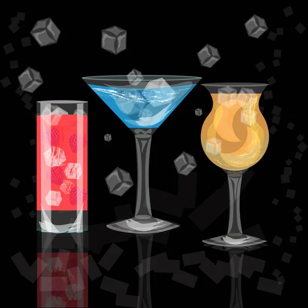 Glasses of colorful drinks with ice cubes, set of summer tropical cocktail isolated on black background — Stock Vector