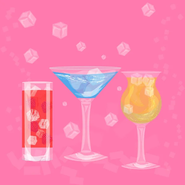 杯子五颜六色的饮料与冰块, 一套夏天热带鸡尾酒被隔绝在粉红色背景 — 图库矢量图片