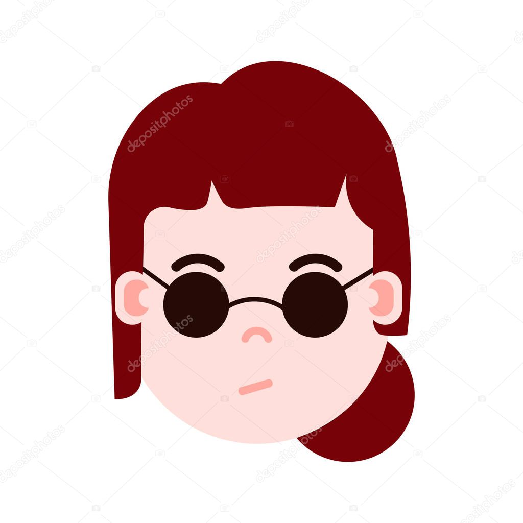 girl head emoji personage icon with facial emotions, avatar character, woman in glasses face with different female emotions concept. flat design.