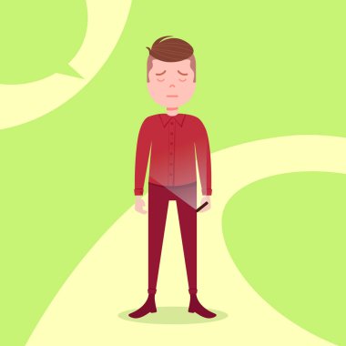 Genç çocuk karakter kederlenen tutun telefon erkek kırmızı kostümlü şablon tasarım çalışmaları ve animasyon için yeşil arka plan tam uzunlukta düz kişi üzerinde