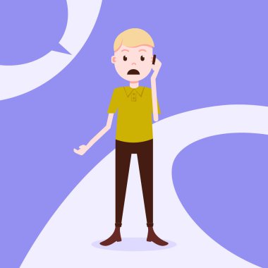 Genç çocuk karakter üzgün telefon görüşmesi erkek şablon tasarım çalışmaları ve menekşe arka plan tam uzunlukta düz kişi üzerinde animasyon için