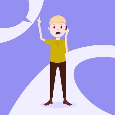 Genç çocuk karakter kızgın telefon görüşmesi erkek şablon tasarım çalışmaları ve menekşe arka plan tam uzunlukta düz kişi üzerinde animasyon için