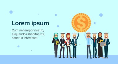 Arap iş grup lideri tutun dolar para, başarı takım iş kavramı mavi arka plan, düz, kopya alanı