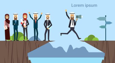 engelleri uçurum atlama megafon ile Arap işadamı ters hedef kavramı için gidin. iş grubu başarı. , risk, sorun ve problem ya da engellerin üstesinden gelmek. vektör çizim.