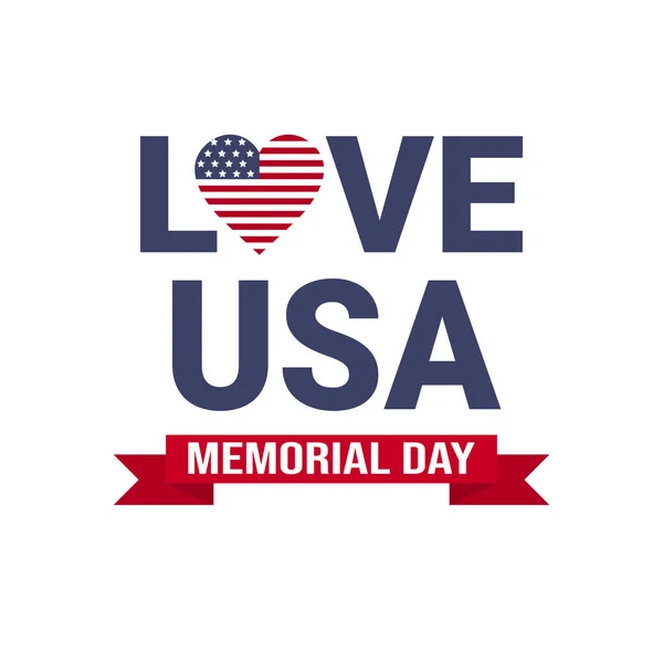 Memorial day EUA cartão papel de parede, bandeira nacional americana com estrelas amor no fundo branco, modelo, design plano — Vetor de Stock