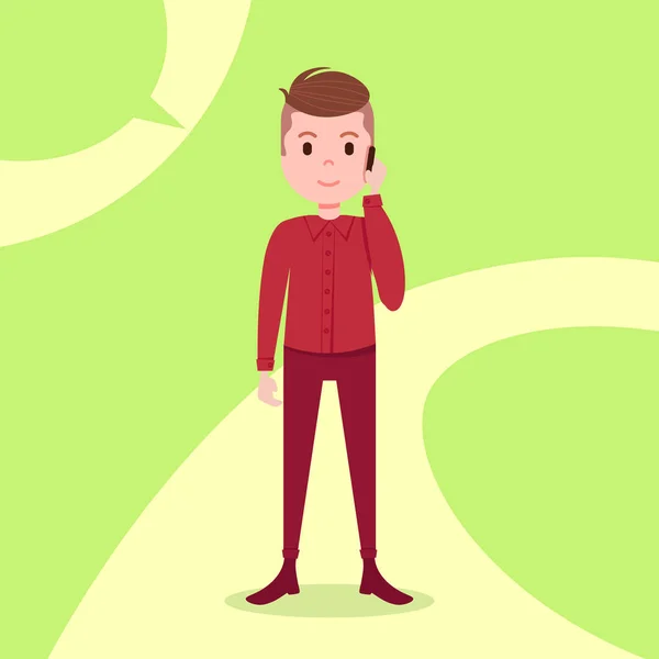 Έφηβος αγόρι χαρακτήρα σοβαρές τηλεφώνημα αρσενικό κόκκινο κοστούμι πρότυπο για το έργο του σχεδιασμού και κινουμένων σχεδίων σε πράσινο φόντο πλήρους μήκους επίπεδη πρόσωπο — Διανυσματικό Αρχείο