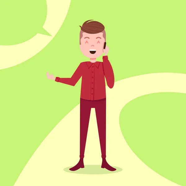 Adolescente chico carácter feliz llamada de teléfono masculino traje rojo plantilla para el trabajo de diseño y animación sobre fondo verde de longitud completa persona plana — Vector de stock