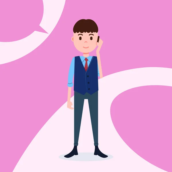 Персонаж підлітка серйозний телефонний дзвінок чоловічий бізнес костюм шаблон для дизайнерської роботи та анімації на рожевому фоні повної довжини плоскої людини — стоковий вектор