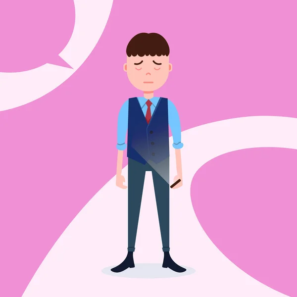Adolescente chico carácter afligido hold phone masculino traje de negocios plantilla para el trabajo de diseño y animación en rosa fondo longitud plana persona — Vector de stock