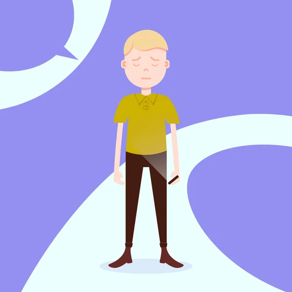 Adolescente chico carácter afligido hold phone macho plantilla para diseño trabajo y animación en violeta fondo longitud completa plana persona , — Vector de stock