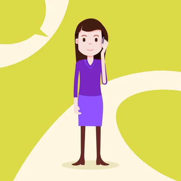 Dospívající dívka charakter vážné telefonního hovoru ženské šablona pro projekční práce a animace na pozadí žluté po celé délce bytu osoby — Stockový vektor