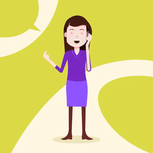 Teen κορίτσι χαρακτήρα χαρούμενος τηλεφώνημα θηλυκό πρότυπο για εργασίες σχεδιασμού και κινουμένων σχεδίων σε κίτρινο φόντο πλήρους μήκους επίπεδη πρόσωπο — Διανυσματικό Αρχείο