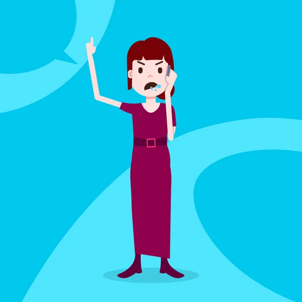 Karakter remaja marah panggilan telepon wanita template untuk pekerjaan desain dan animasi pada latar belakang biru datar orang - Stok Vektor