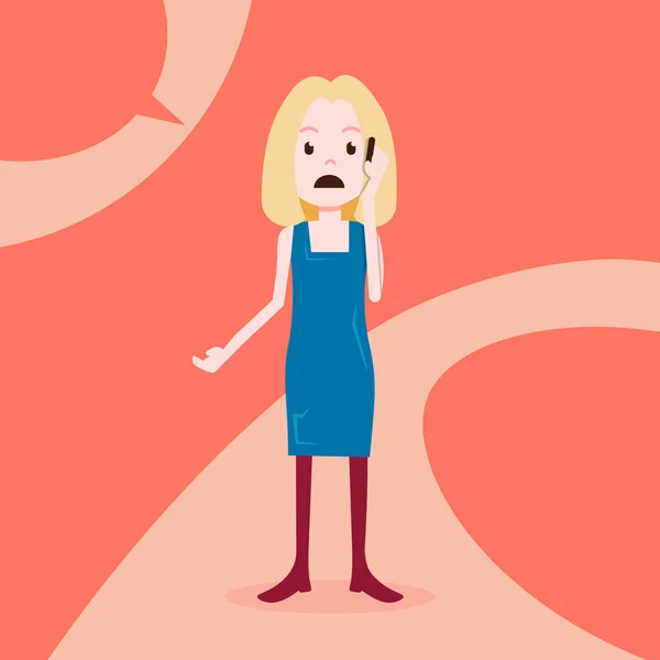 Teen dziewczyna postać smutny telefon kobiece szablon dla prac projektowych i animacji na czerwonym tle pełnej długości płaskie osoby — Wektor stockowy