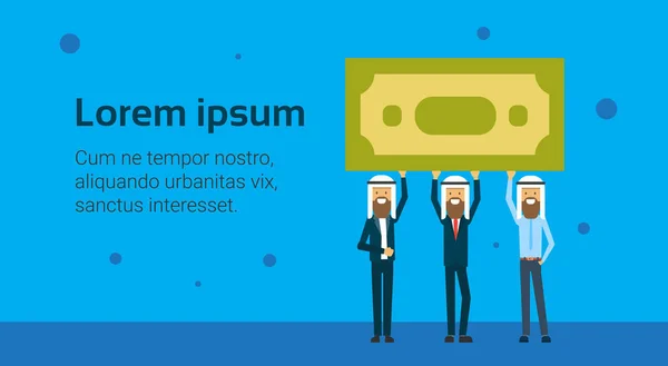 Arabische zakenman groepsleider houden geld bill, dollar bankbiljet, team succes concept over blauwe achtergrond, flat, kopie ruimte vectorillustratie — Stockvector