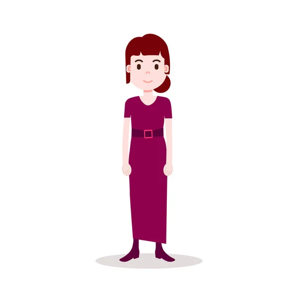 Девушка брюнетка персонаж серьезный женский красный шаблон платья для дизайнерских работ и анимации на белом фоне полная длина плоский человек — стоковый вектор
