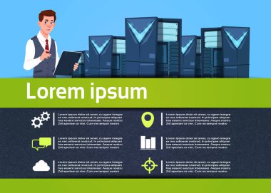 yaratıcı iş adamı tutun tablet el, veri sunucusu Infographic iletişim veritabanı destek kavramı, düz