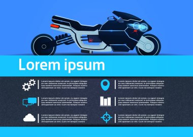 Hibrid motosiklet Infographic spor elektrikli hız motosiklet teknik özellikleri üzerinde mavi arka plan düz