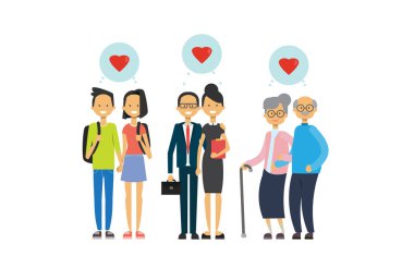 Büyükanne ve büyükbaba, üst ve gençler kaç aşk, çoklu nesil aile, tam uzunlukta avatar beyaz arka plan, başarılı Aile kavramı, ağaç cinsi düz çizgi film tasarım içinde