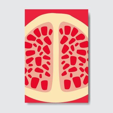 Garnet şablon kartı kesmek, dilim taze meyve poster beyaz arka planda, dergi kapak dikey düzen broşür poster, düz tasarım, sağlıklı yaşam tarzı ya da diyet kavramı