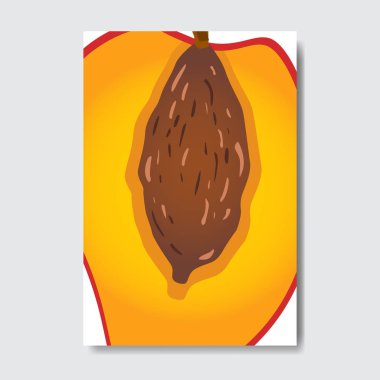 Şeftali şablon kartı kesmek, dilim taze meyve poster beyaz arka planda, dergi kapak dikey düzen broşür poster, düz tasarım, sağlıklı yaşam tarzı ya da diyet kavramı