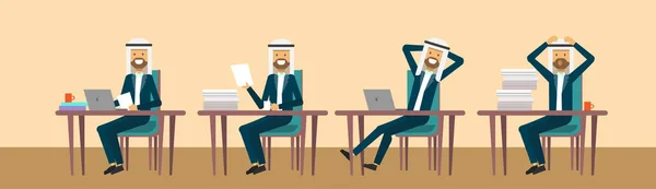 Árabe businessmaman sentado en el escritorio de la oficina en diferentes poses, trabajador hombre de negocios concepto de proceso, bandera, plano — Vector de stock