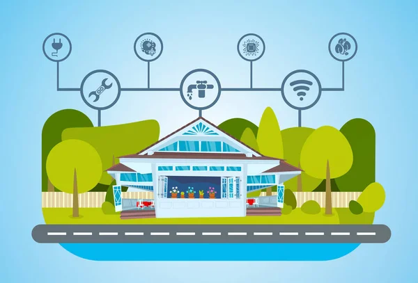 Smart house sistema de tecnología de energía verde centralizado control de iluminación, calefacción, ventilación y aire acondicionado, electricidad, internet. concepto de hogar inteligente, plano — Vector de stock