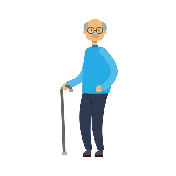 Viejo caminando con palo. longitud completa abuelo sobre fondo blanco lindo abuelo, árbol del género concepto de familia feliz, diseño de dibujos animados planos — Vector de stock