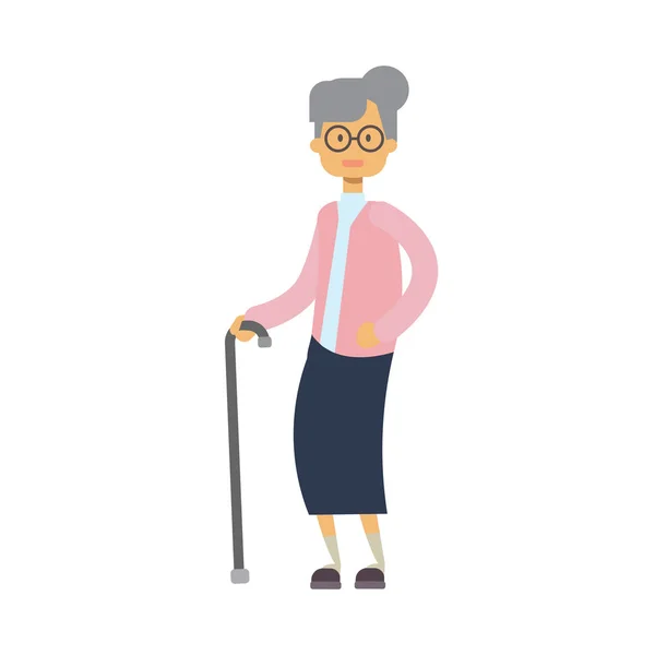 Oude vrouw lopen met stok. volledige lengte grootmoeder op witte achtergrond schattige oma, boom van geslacht gelukkig familie concept, platte cartoon design — Stockvector