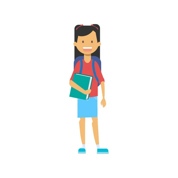 Colegiala casual con mochila y copybook, estudiante feliz longitud avatar sobre fondo blanco, concepto de estudio exitoso, diseño de dibujos animados planos — Vector de stock