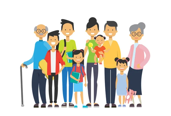 Мульти поколения семьи вместе, дедушка бабушка и внуки на белом фоне, дерево рода счастливая семейная концепция, плоский дизайн мультфильма — стоковый вектор