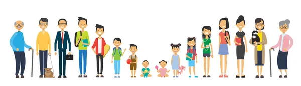 Familia multi generación sobre fondo blanco. Padres y abuelos, adolescentes e hijos, árbol del género concepto de familia feliz, diseño de dibujos animados planos — Vector de stock