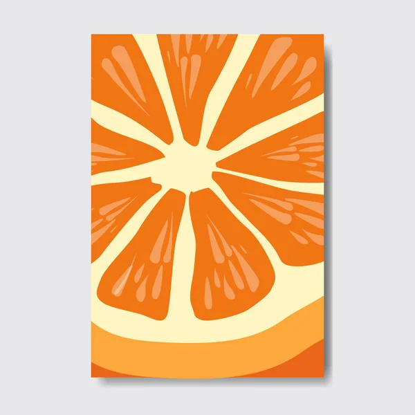 Skär orange kort, skiva färsk frukt affisch på vit bakgrund, tidningen täcka lodrät layout broschyr affisch, platt design, hälsosam livsstil eller kost-konceptet — Stock vektor