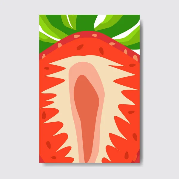 Cortado cartão de modelo de morango, fatia de pôster de frutas frescas no fundo branco, capa de revista vertical cartaz de brochura layout, design plano, estilo de vida saudável ou conceito de dieta —  Vetores de Stock