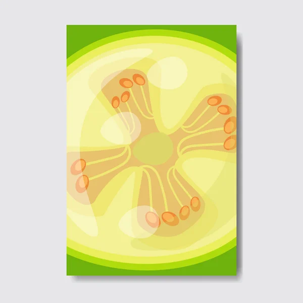 Cut feijoa template card, slice fresh fruit poster on white background, magazine cover vertical layout brochure poster, flat design, healthy lifestyle or diet concept - Stok Vektor