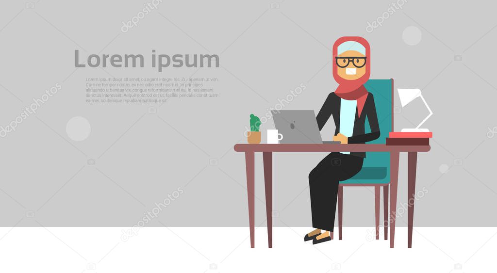 arab businesswoman sitting at office desk hold laptop, business woman hard working process concept, banner, flat