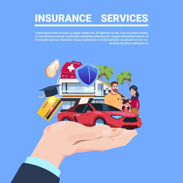 Seguro servicio protección concepto mano coche vida hogar médico política financiera contrato sobre fondo azul plano copia espacio — Vector de stock