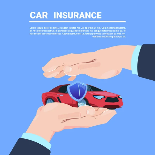 Assicurazione servizio mano gesto protettivo auto cartone animato su sfondo blu piatto copia spazio vettoriale illustrazione — Vettoriale Stock