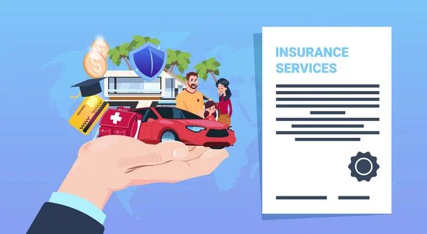 Verzekering dienst bescherming concept hand auto leven thuis medische financieel beleid contract cartoon op blauwe achtergrond plat — Stockvector