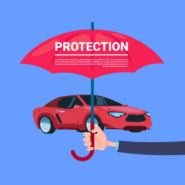 Sigorta hizmet el şemsiye koruyucu araba üstünde mavi arka plan tam kopyaya yer — Stok Vektör