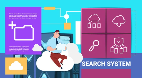 Hombre con tableta en el centro de sincronización de nube de almacenamiento de datos con servidores de alojamiento y personal. soporte de comunicación del sistema de búsqueda, espacio de copia plana — Archivo Imágenes Vectoriales