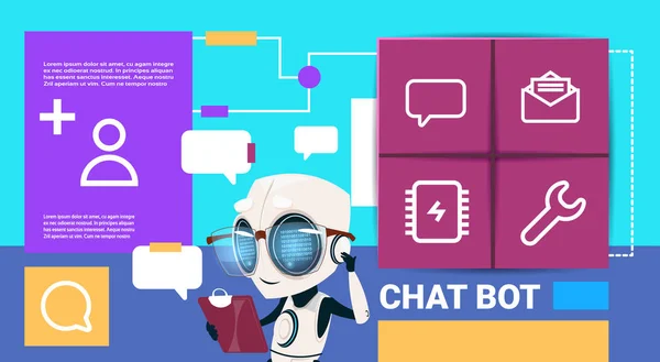 Robot con tableta mensajero chat bot aplicación presentación interfaz inteligencia artificial concepto plano espacio de copia — Archivo Imágenes Vectoriales