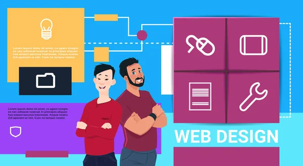 Презентация технологии веб-дизайна два человека смесь гонки за иконкой интерфейса веб-сайта идеи информационной концепции скопировать пространство баннер плоской — стоковый вектор