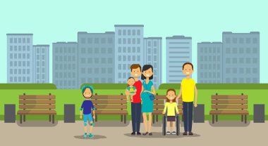 Afrika Baba Anne kızı tekerlekli sandalye tam uzunlukta avatar üzerinde şehir park ahşap Bank sokak lambası yeşil çim cityscape şablon arka plan düz